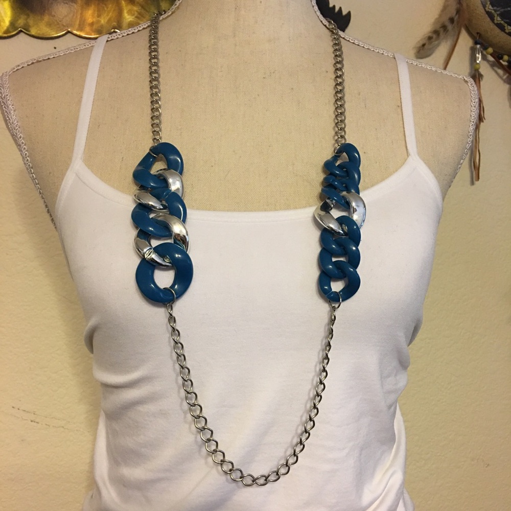 Blue and silver large chain link long necklace